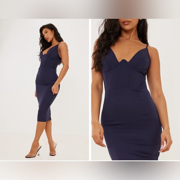NWT PrettyLittleThing Navy V Bar Binded Midi Dress - Picture 5 of 6